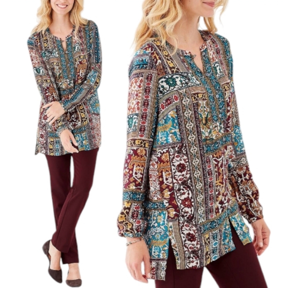 J. Jill Patchwork Print Tunic Blouse Lagenlook Cottage - Picture 2 of 14